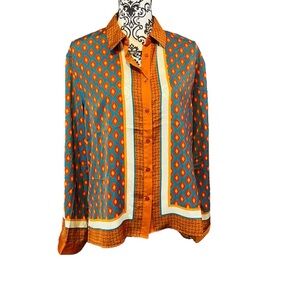Rose + Olive Women Orange and Blue Button Down Blouse Top Sz-Medium